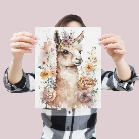 Watercolor Cute Floral Llama Wall Art Illustration Print Poster Card Unframed - Picture 4 of 6